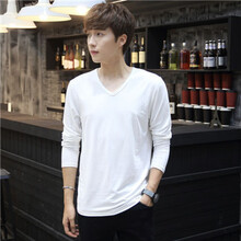 慈姑 長(cháng)袖 男士T恤 白色V領(lǐng) 長(cháng)袖 S