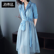 海青藍(lán)（CYANINE SEA） 純色 拼接，紐扣，綁帶，紗網(wǎng) 連衣裙