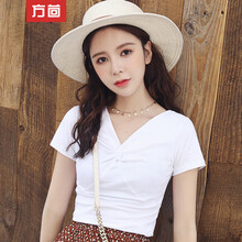 方茴 褶皺 短袖 T恤 女 V領(lǐng)