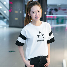 依天倫 拼接 短袖 T恤 女 圓領(lǐng)