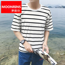 夢韻詩（MOONRINS） 五分袖 男士T恤 白色五分條紋 S