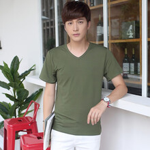 慈姑 短袖 男士T恤 軍綠色 V領(lǐng)短袖 S