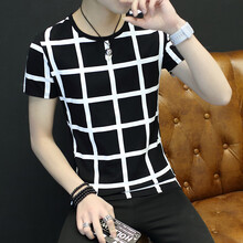 筱麥 短袖 男士T恤 格子 黑色 