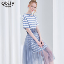 晴碧琳（qbily） 條紋 拼接，條紋，褶皺，蕾絲 連衣裙