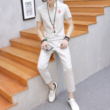 富貴鳥(niǎo)（FUGUNIAO） 短袖 男士T恤 短袖米色+九分褲 XL，L，M，XXL，XXXL，加大