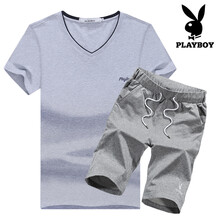 花花公子（PLAYBOY） 短袖 男士T恤 1828灰色上衣+灰色五分褲 