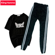 KtingHomme 短袖 男士T恤 三角貓短袖黑加2桿九分褲 S，XL，L，XXL，M