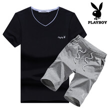 花花公子（PLAYBOY） 短袖 男士T恤 黑色上衣+灰色五分褲 XL