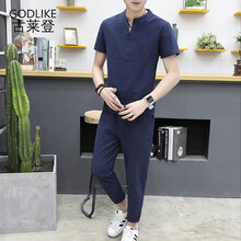 古萊登（GODLIKE） 短袖 男士T恤 M06九分褲+上衣-深藍色 