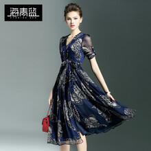 海青藍(lán)（CYANINE SEA）  紐扣，綁帶，印花，紗網(wǎng) 連衣裙