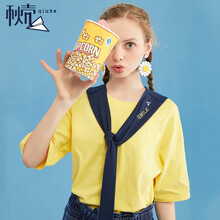 秋殼 刺繡 短袖 T恤 女 圍巾領(lǐng)