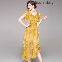 miss nitaly 大花，碎花 荷葉邊，拼接，露肩，印花 連衣裙