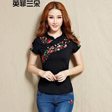 英菲蘭朵（YING FEI LAN DUO） 刺繡 短袖 T恤 女 立領(lǐng)