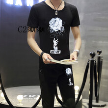 C2潮朝（C2 CHAO CHAO） 短袖 男士T恤 手中花上裝+下裝黑色 