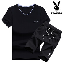 花花公子（PLAYBOY） 短袖 男士T恤 1828黑色上衣+黑色五分褲 