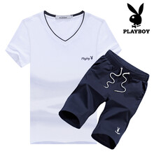 花花公子（PLAYBOY） 短袖 男士T恤 1828白色上衣+藍色五分褲 