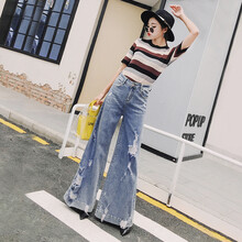 iDance 高腰 闊腳褲 女 長(zhǎng)褲 牛仔褲