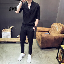 古萊登（GODLIKE） 短袖 男士T恤 黑色九分褲套裝 XL，L，XXL，M，XXXL