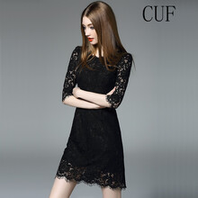 CUF 純色 拼接，拉鏈，鏤空，紗網(wǎng)，蕾絲 連衣裙