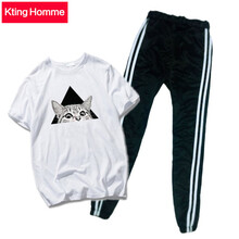 KtingHomme 短袖 男士T恤 三角貓短袖白加2桿九分褲 S，XL，L，XXL，M