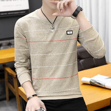 往哪去 長(cháng)袖 男士T恤 1803橫條-米色 