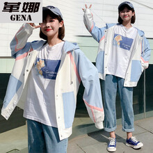 革娜（GOENRY） 連帽 長袖 女 短外套 口袋，拼接，紐扣，褶皺，印花