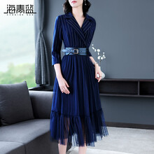 海青藍(lán)（CYANINE SEA） 純色 拼接，條紋，綁帶，紗網(wǎng) 連衣裙
