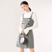 糖力 格子 背帶，格子 連衣裙