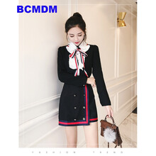BCMDM 純色 拼接，花邊，撞色，紐扣，蝴蝶結(jié) 連衣裙