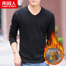 南極人（Nanjiren） 長袖 男士T恤 V領(lǐng)加絨黑色 