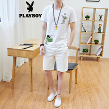 花花公子（PLAYBOY ESTABLISHED 1953） 短袖 男士T恤 荷花【短褲】(白色) 