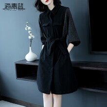 海青藍(lán)（CYANINE SEA） 純色 口袋，拼接，紐扣 連衣裙