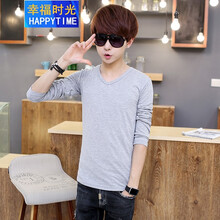 幸福時(shí)光（happy time） 長(cháng)袖 男士T恤 淺灰色--(V領(lǐng)款)--(春天春裝長(cháng)袖T恤衫) L