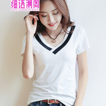 細(xì)語潮閣（XIYU FASHION SHOP） 拼接 短袖 T恤 女 V領(lǐng)