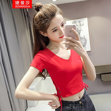 婕曼莎 綁帶 短袖 T恤 女 V領(lǐng)