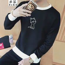 西谷（xigu） 長(zhǎng)袖 男士T恤 T03小貓?zhí)最^衛(wèi)衣 黑色 S，XL，L，M，XXL