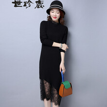 世珍鹿 純色 拼接，蕾絲 連衣裙