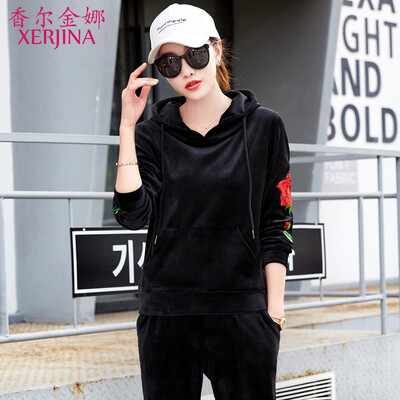 香尔金娜金丝绒运动套装女春秋2017时尚休闲