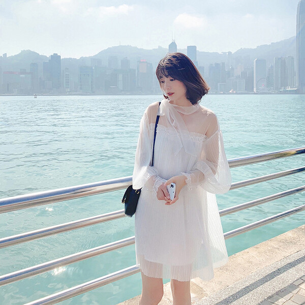 吸睛,清涼,夏日,純色,短袖,連衣裙