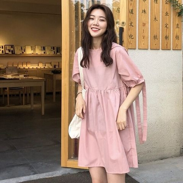 吸睛,清涼,夏日,純色,短袖,連衣裙