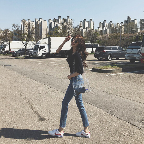 少女,牛仔,背帶褲,高腰,穿出