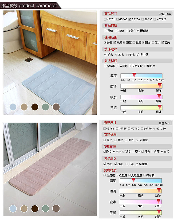 百易尚品 加厚海棉面珊瑚绒地垫 浅咖 50*80cm