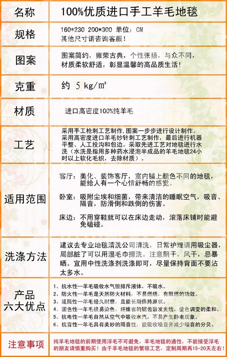 
                                        华伟手工纯羊毛地毯 客厅茶几沙发卧室床边 时尚家用加厚中式田园满铺 160*230cm                