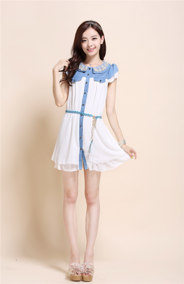 时尚<em>姐妹</em> 2013夏季新款韩版牛仔<em>拼</em>雪纺修身连