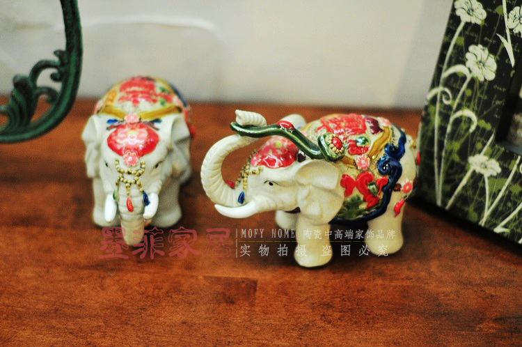 墨菲 东南亚陶瓷象 现代时尚创意简约家居装饰工艺品摆件礼品 一对价 小号一对价