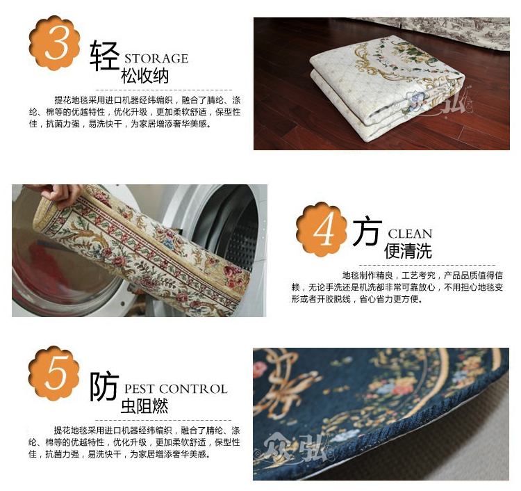 众弘 可机洗超薄提花地毯 防滑地垫 书房卧室客厅通用款 120*120CM T02 蓝色