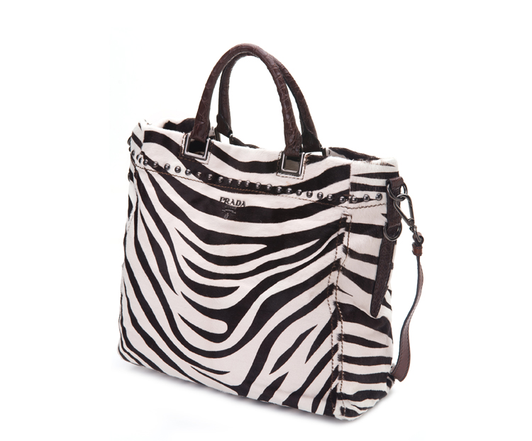 普拉达 PRADA 斑马皮配鳄鱼皮手柄限量款手提