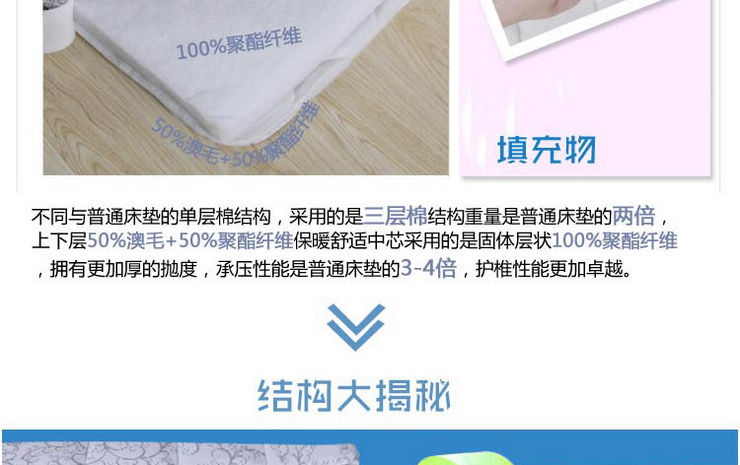 
                                        卧特曼家纺 四季通用澳洲羊毛软床垫 5-8cm 单人双人 澳毛床垫(蓝色经典加厚8cm) 1.5*2.0米                