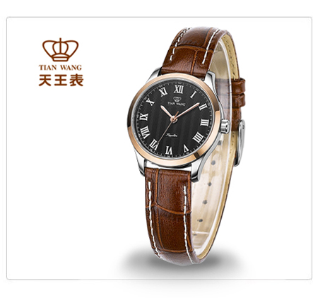 00 天王表 tianwang 石英 男士手表真皮带单日历情侣表黑色 gs3687tp