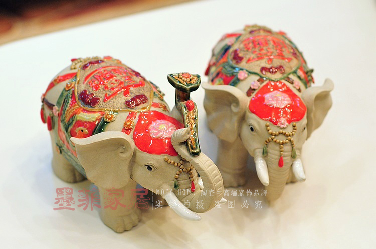 墨菲 东南亚陶瓷象 现代时尚创意简约家居装饰工艺品摆件礼品 一对价 小号一对价